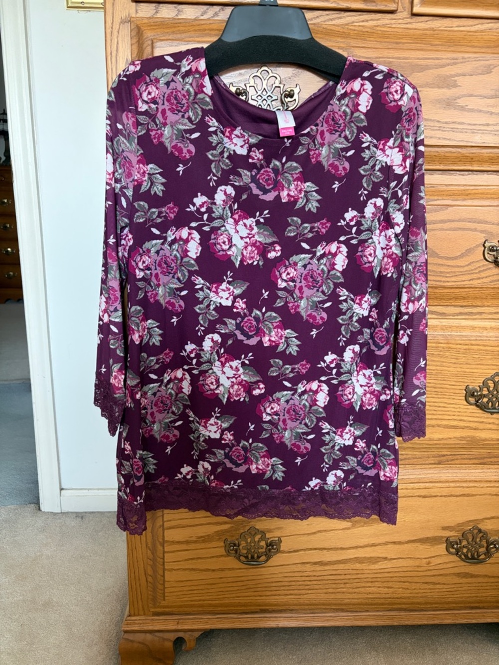 No Boundaries Plum Floral Lace-Hem Long Sleeve Top